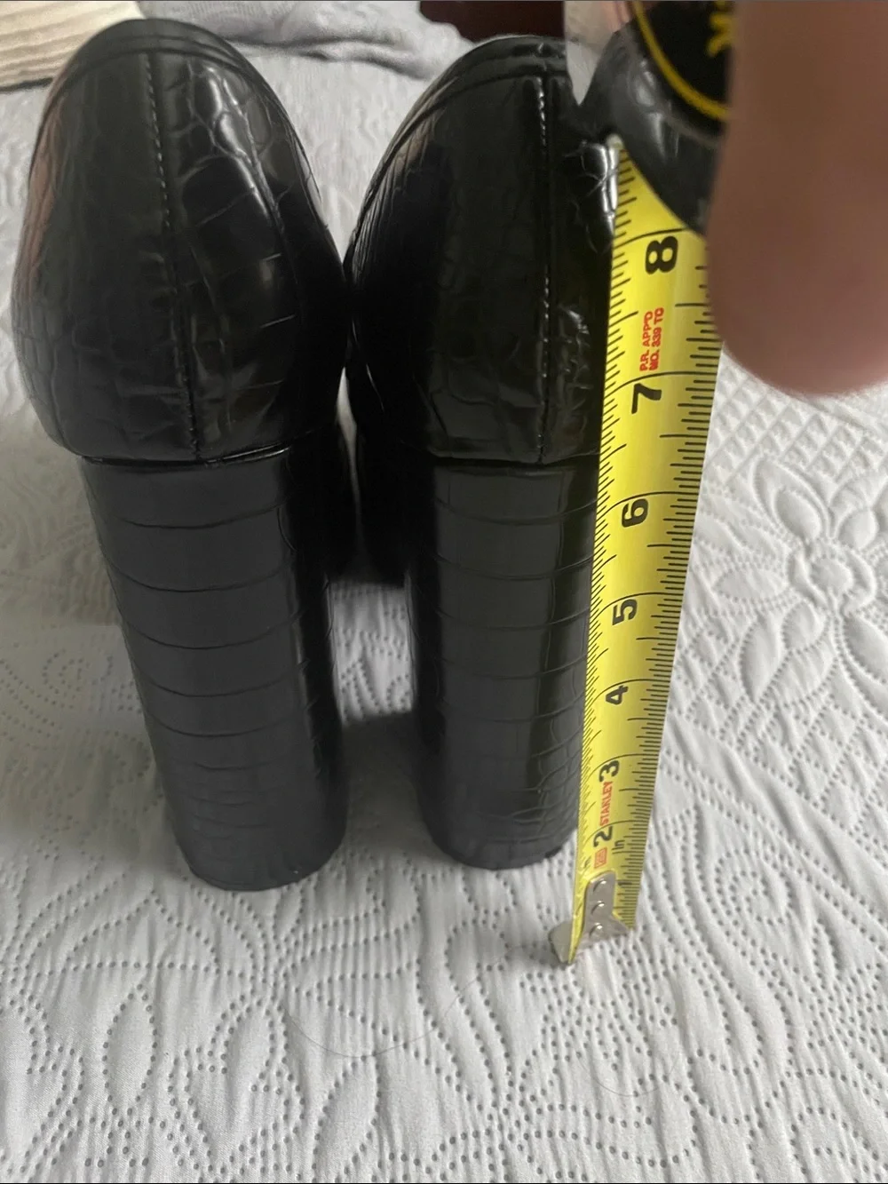 Croc-Embossed Black Platform Loafer Heels with Gold Medallion